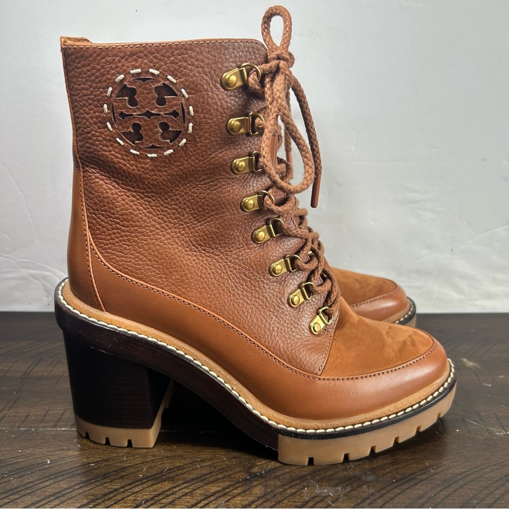 Tory Burch Miller Mixed Materials Lug Sole Boot in brown leather and suede.